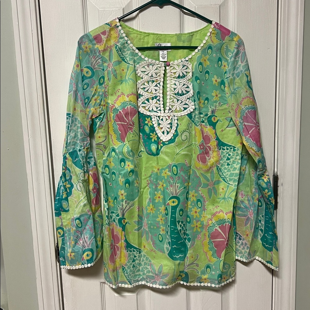 Lilly Pulitzer White Label Multicolor Peacock Floral Print Bell Sleeve Tunic